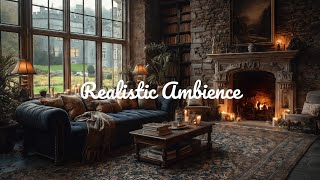 Rainy Day in a Scottish Manor | Fireplace Ambience with Castle View & Rain Sounds for Sleeping