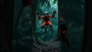 Robotic monkey swinging fiercely from jungle trees