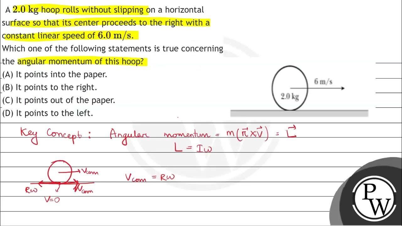 A \( 2.0 \mathrm{kg} \) hoop rolls without slipping on a horizontal