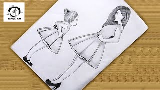 Drawing tutorial of Mother and Daughter - step by step || easy girl drawing || mother day drawing