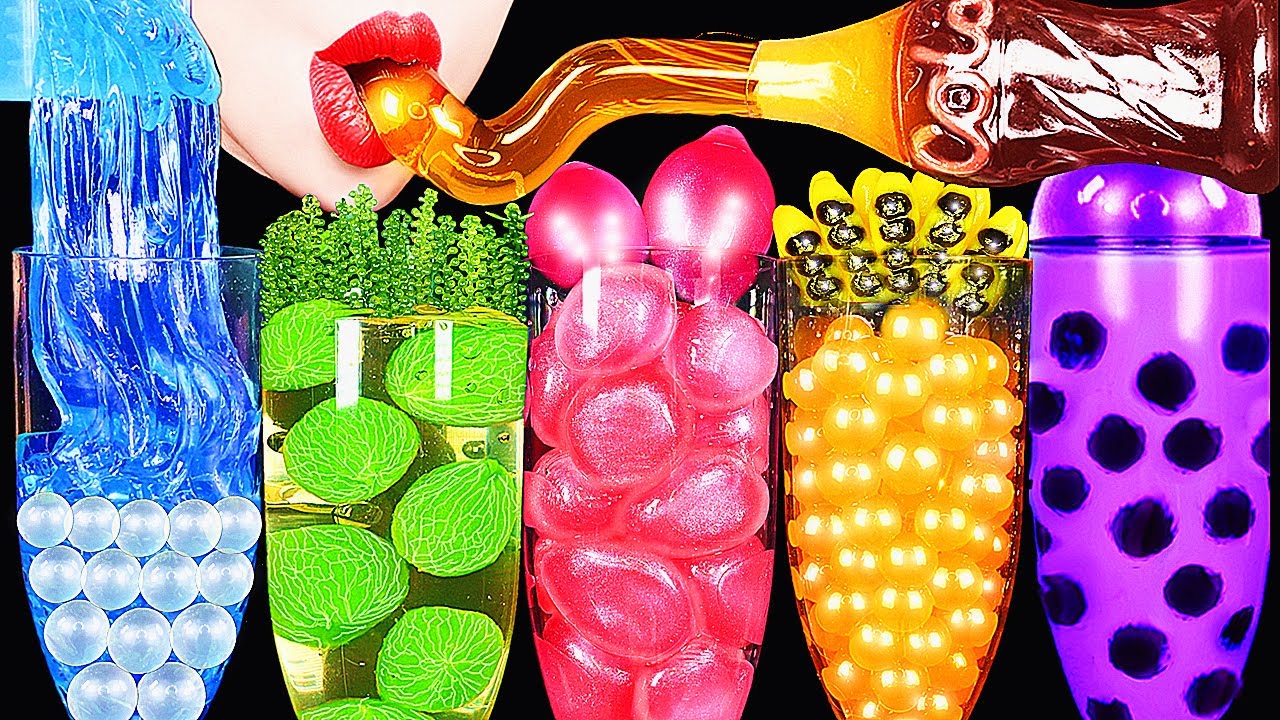 ASMR RAINBOW DRINKS *GIANT BOBA, HONEY JELLY, COLA BOTTLE GUMMY, FROG EGGS, 신기한 물 먹방 DRINKING SOUNDS
