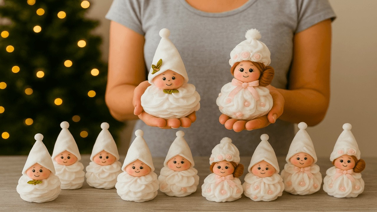 Очень мило и просто 😍Рождественские куклы с ватными дисками для макияжа🎄Просто и весело