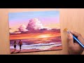 Acrylic painting of Beautiful sunset beach with couple step by step