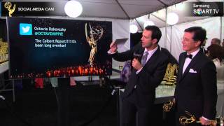 Stephen Colbert backstage at the 2013 Primetime Emmys with Yahoo! Host Marc Istook