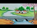How to draw easy and simple village scenery near riverspring season village scenery drawing