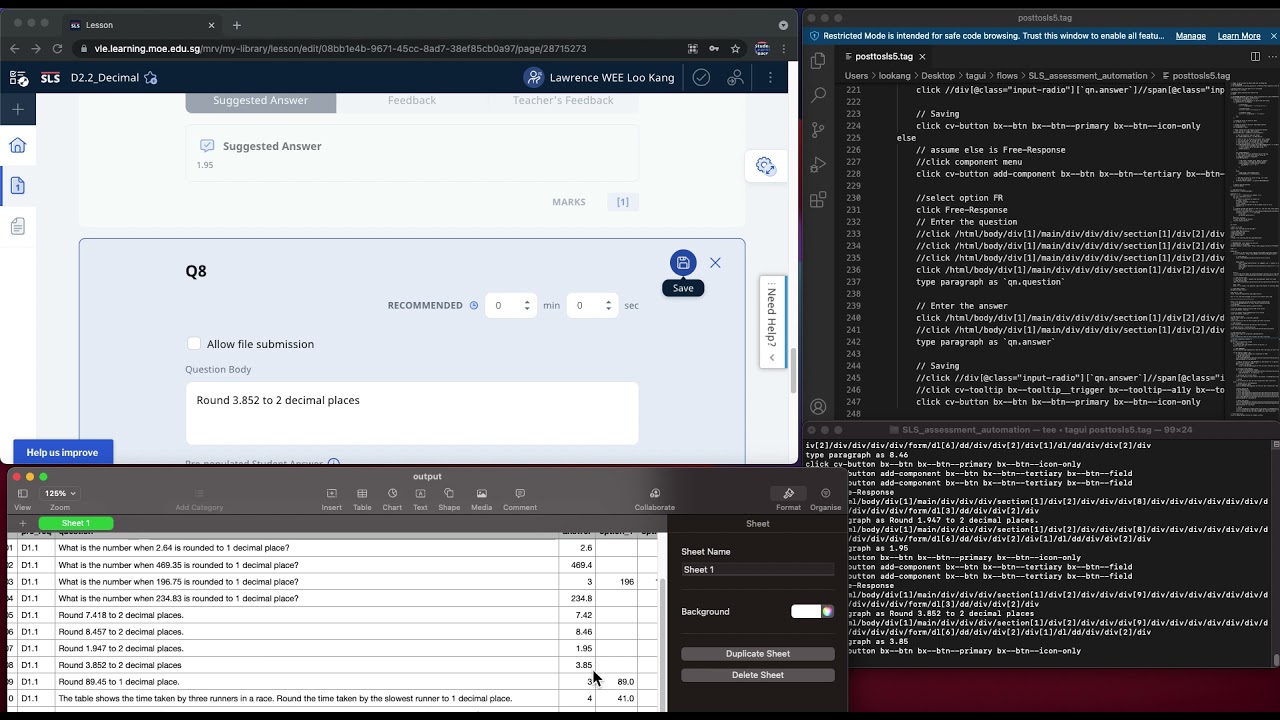 Using TagUI to automate posting of questions in CSV to student learning space. Educational purposes