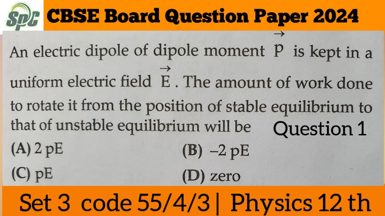 Q1 An electric dipole of dipole moment p is kept in a uniform electric ...
