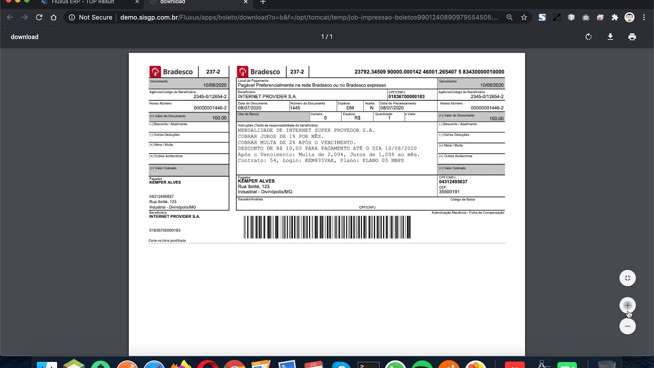 Numero do Contrato, Login e Plano impresso no boleto