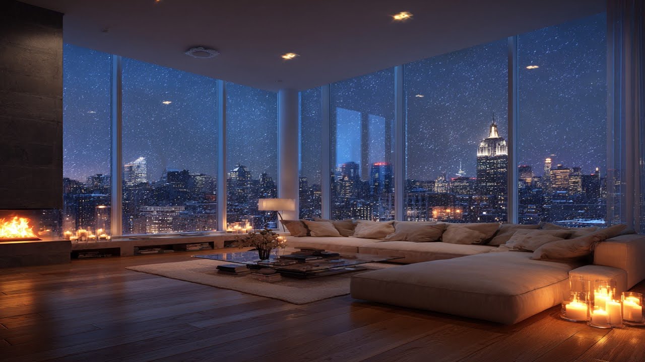 Peaceful Snowy Night Piano ❄️🎹 Cozy Apartment Ambience with Relaxing Piano Music & Fireplace Sounds