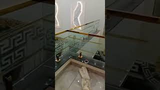 12mm Tempered Glass Stair Railing | Golden Pillar + Etched Design | Islamabad Luxury House