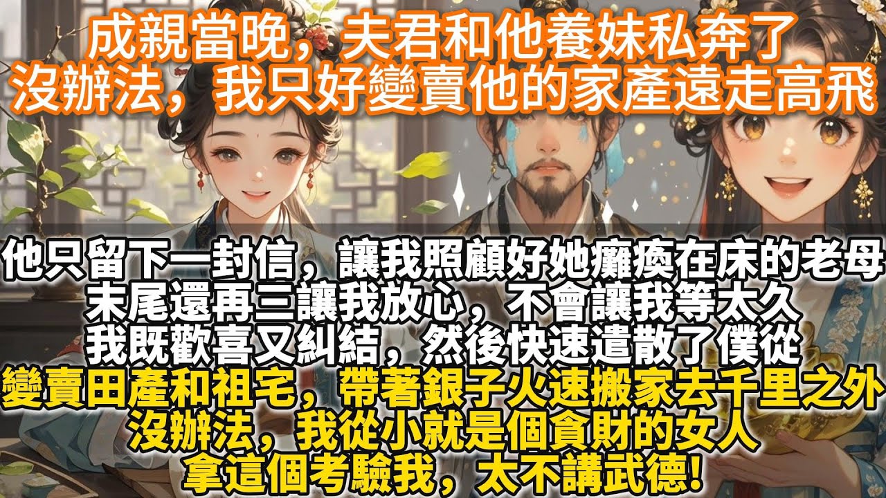 完結爽文：成親當晚，夫君和他養妹私奔了，沒辦法，我只好變賣他的家產遠走高飛。他只留下一封信。讓我照顧好她癱瘓在床的老母。末尾還再三讓我放心，不會讓我等太久。我快速遣散了僕從，變賣了田產和祖宅。