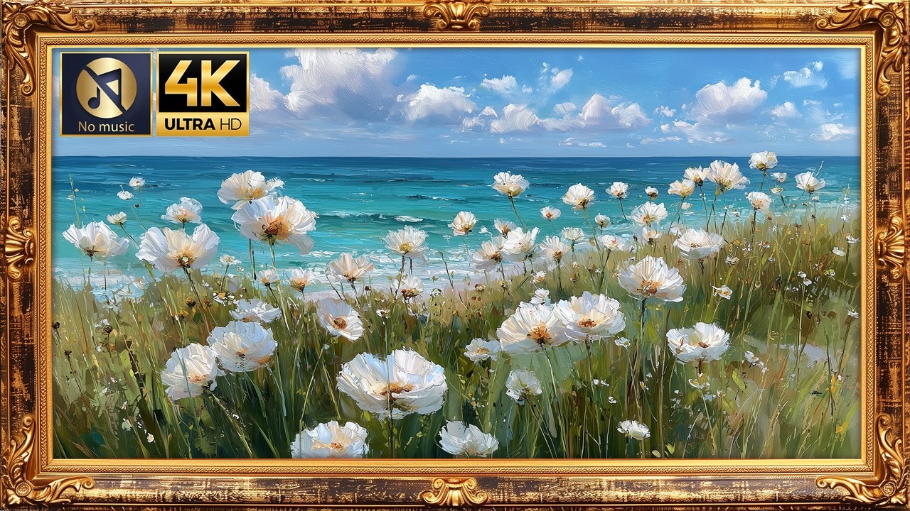 4K Single Frame TV Art | White Poppies by the Sea