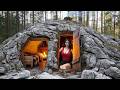 Building a Secret Rock Shelter to Survive Overnight Alone