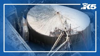 Aerial footage shows ruptured tank at paper mill