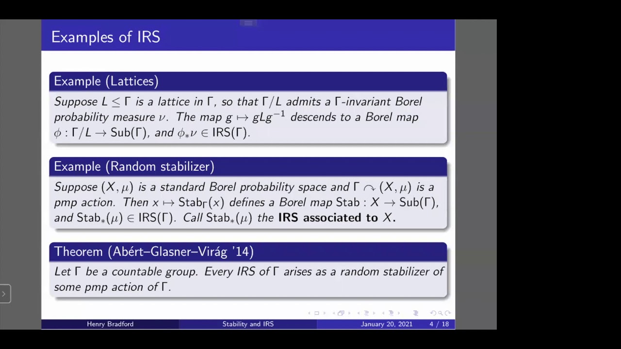 Stability And Invariant Random Subgroups Henry Bradford Youtube