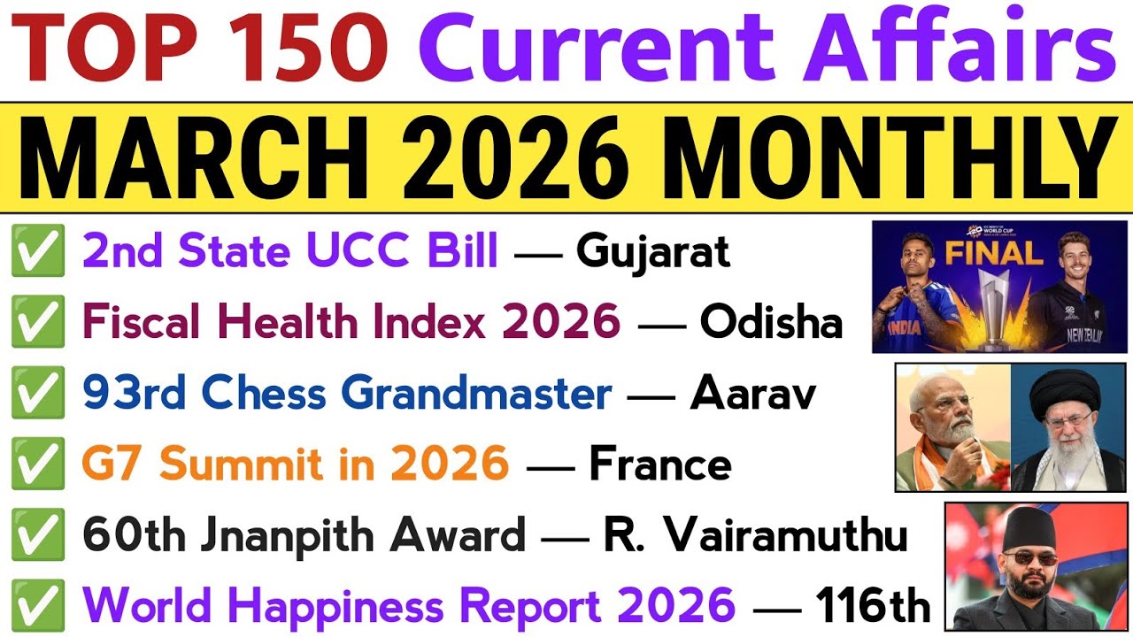 March Current Affairs 2026 | Top 150 MCQs | March 2026 Monthly Current ...