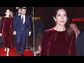 Crown Princess Mary of Denmark in Luxury Velvet Fitted Waist Button Details Midi Dress in Burgundy