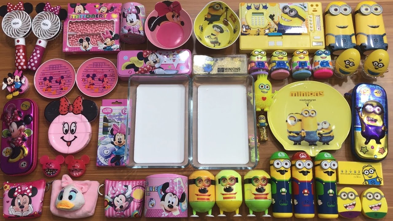 PINK Vs YELLOW Mickey Mouse & Minions Slime | Mixing Too Many Things into Glossy Slime