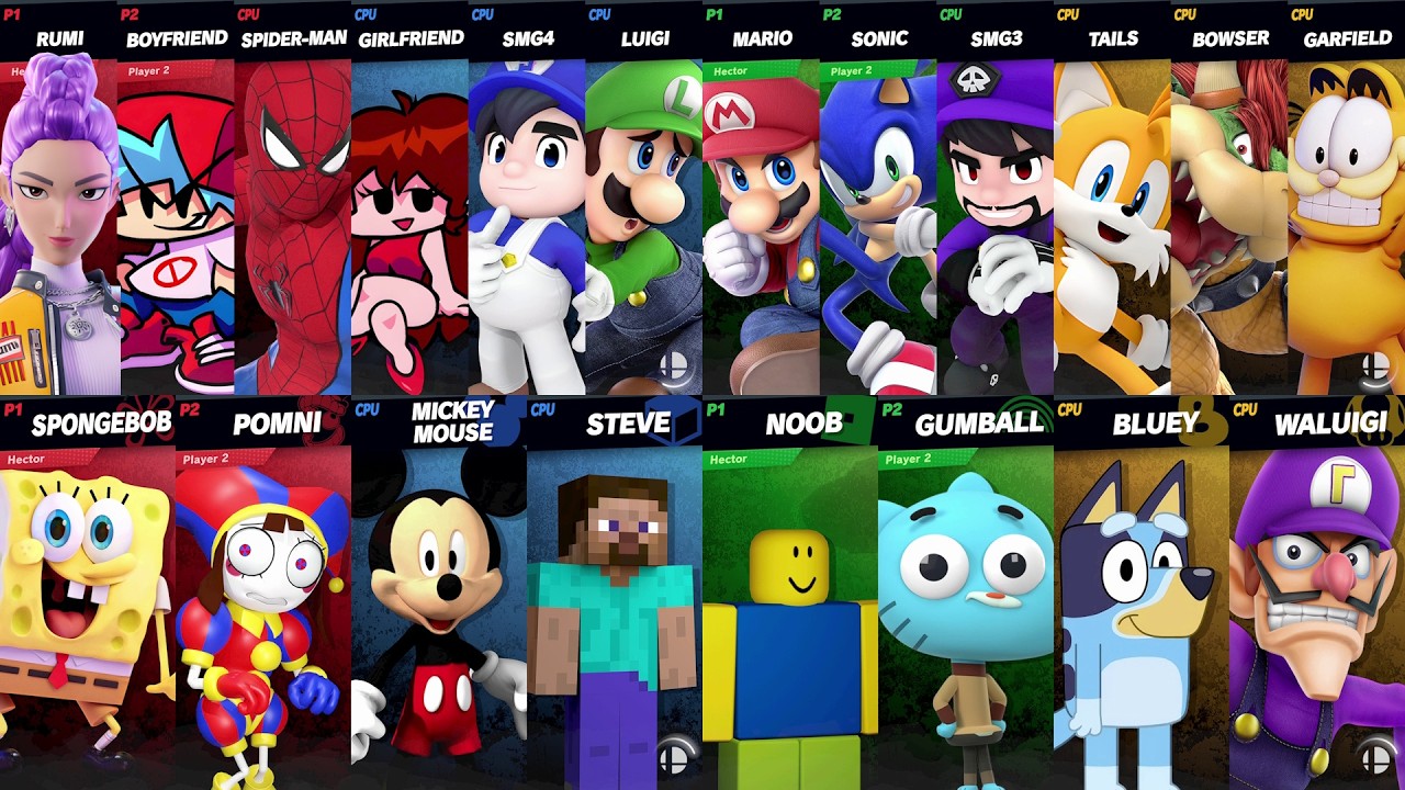 Sonic vs Mario vs Spider-Man vs Bluey vs SpongeBob vs Roblox vs Minecraft vs Fortnite | Super Smash