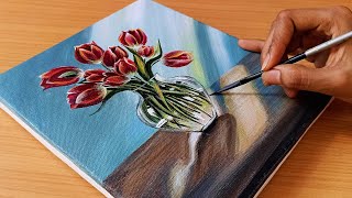 Painting a Beautiful Tulip Bouquet in a Vase /Acrylic painting / Art paintings