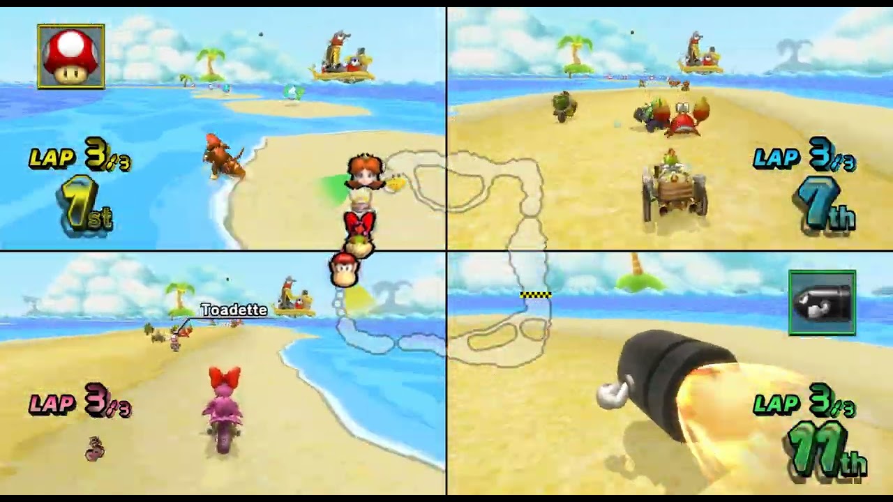 Mario Kart Wii - 4 Players Banana Cup Grand Prix (Diddy Kong, Bowser Jr., Birdo, Daisy Gameplay)