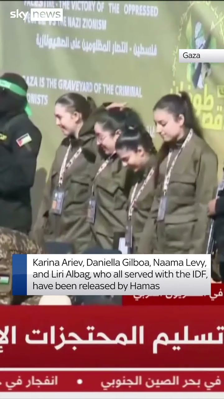 Watch the moment four female Israeli hostages are seen exiting a vehicle after being freed by Hamas
