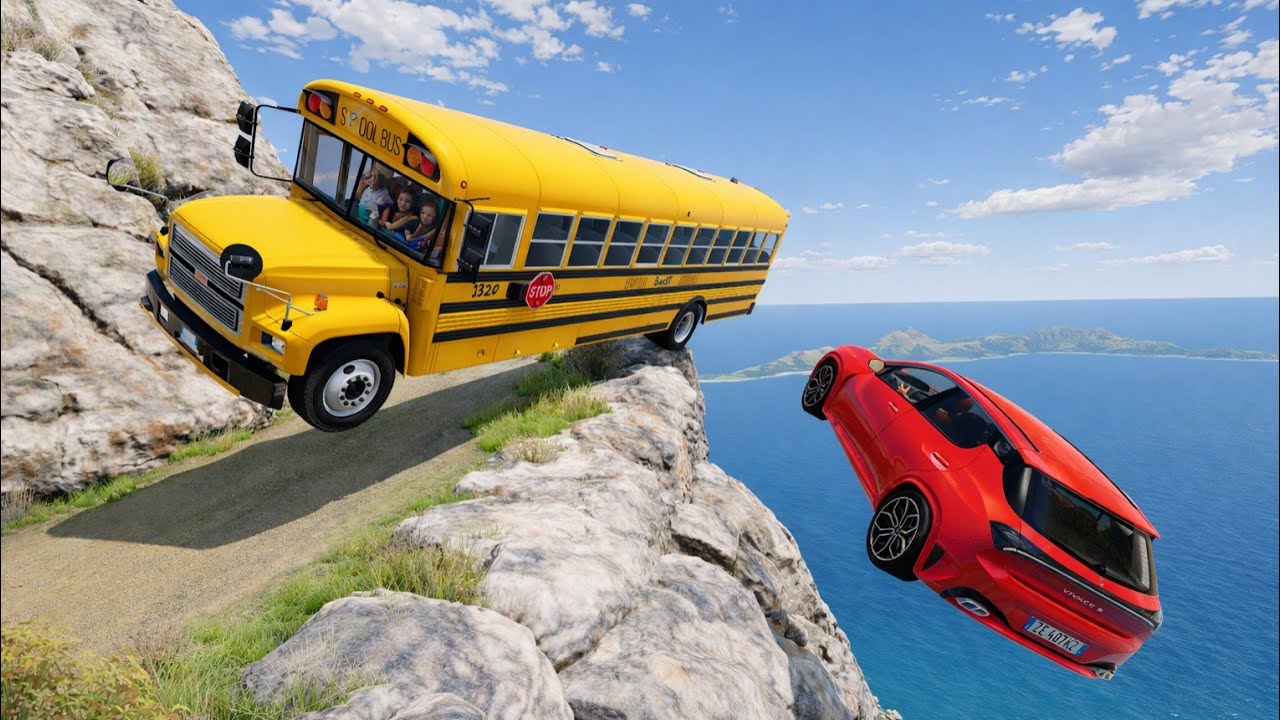 School Bus Crash Simulation On Dangerous Cliff Road 😱| Realistic BeamNG.drive Destruction 