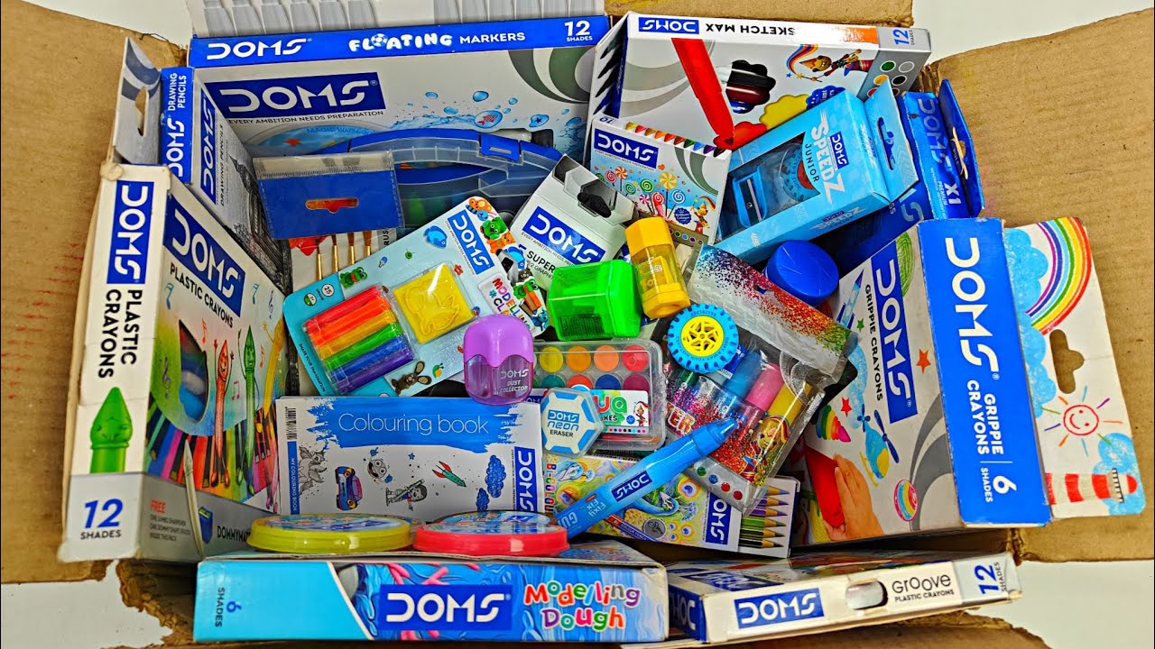 mega doms stationery collection from the box - doms colour, neon eraser, pencil, school stationery