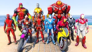 DEADPOOL Army VS IRON MAN ARMY Motorcycles Challenge At Sea ft.SpiderMan - GTA V MODS