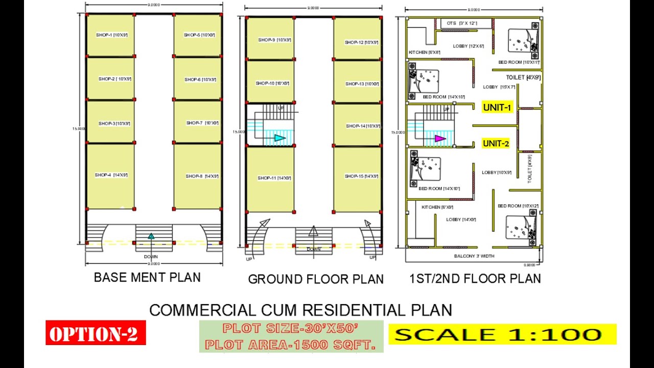 30'X50' II COMMERCIAL CUM RESIDENTIAL PLAN    CHAR KA NAKSHA      MAKHAN KA NAKSHA  PLOT 30'X50'