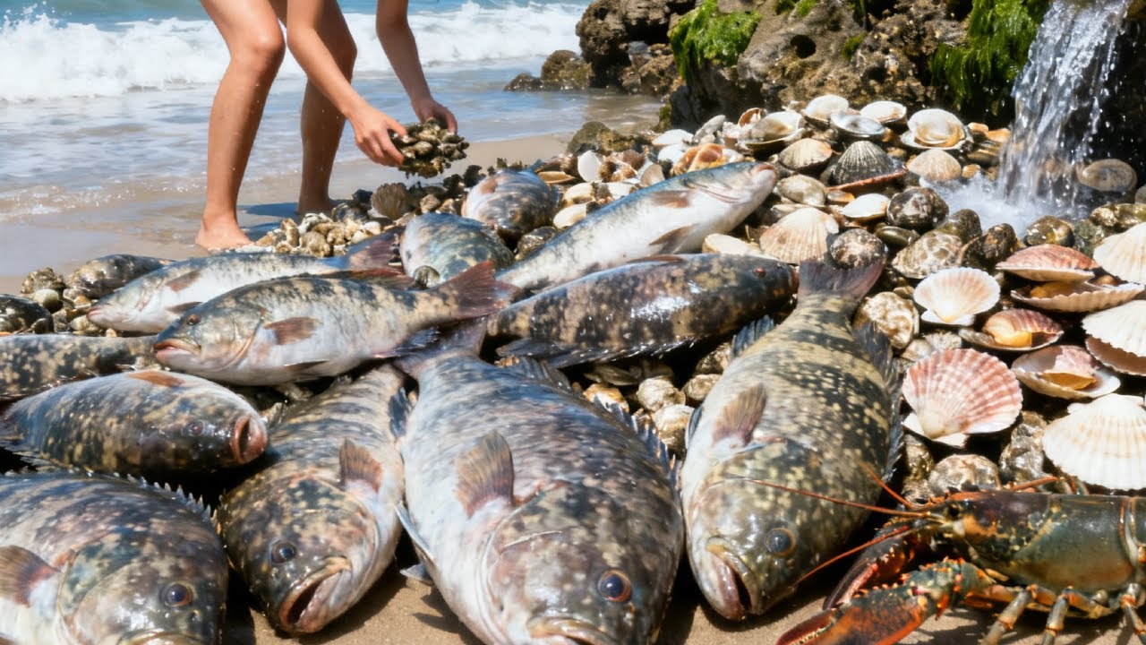 小章和大鱼斗智斗勇，礁石区堆满扇贝，竟还有大龙虾爆桶【赶海小章官方频道】