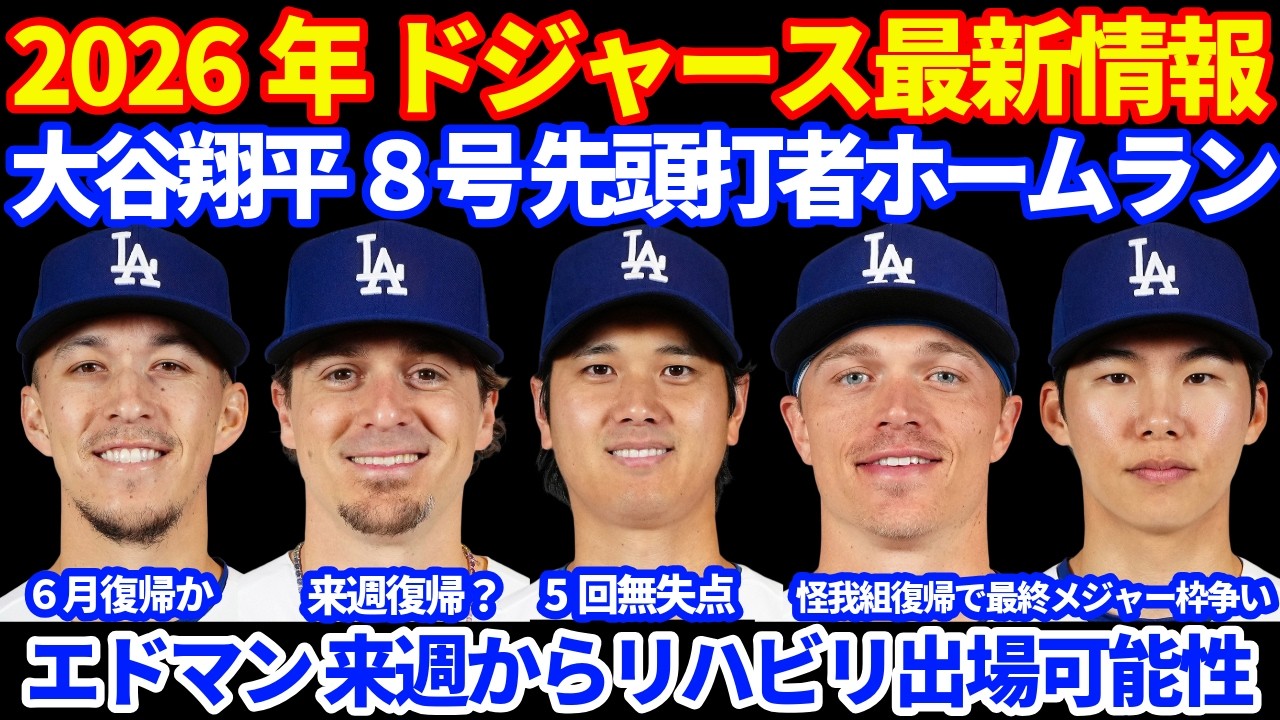 【枠争い】2026年ドジャース最新情報‼️ 大谷翔平 8号先頭打者ホームラン&5回無失点の活躍💪 連勝👏 エドマンが来週からリハビリ出場の可能性 キケは来週復帰予定で最終枠争いも激化