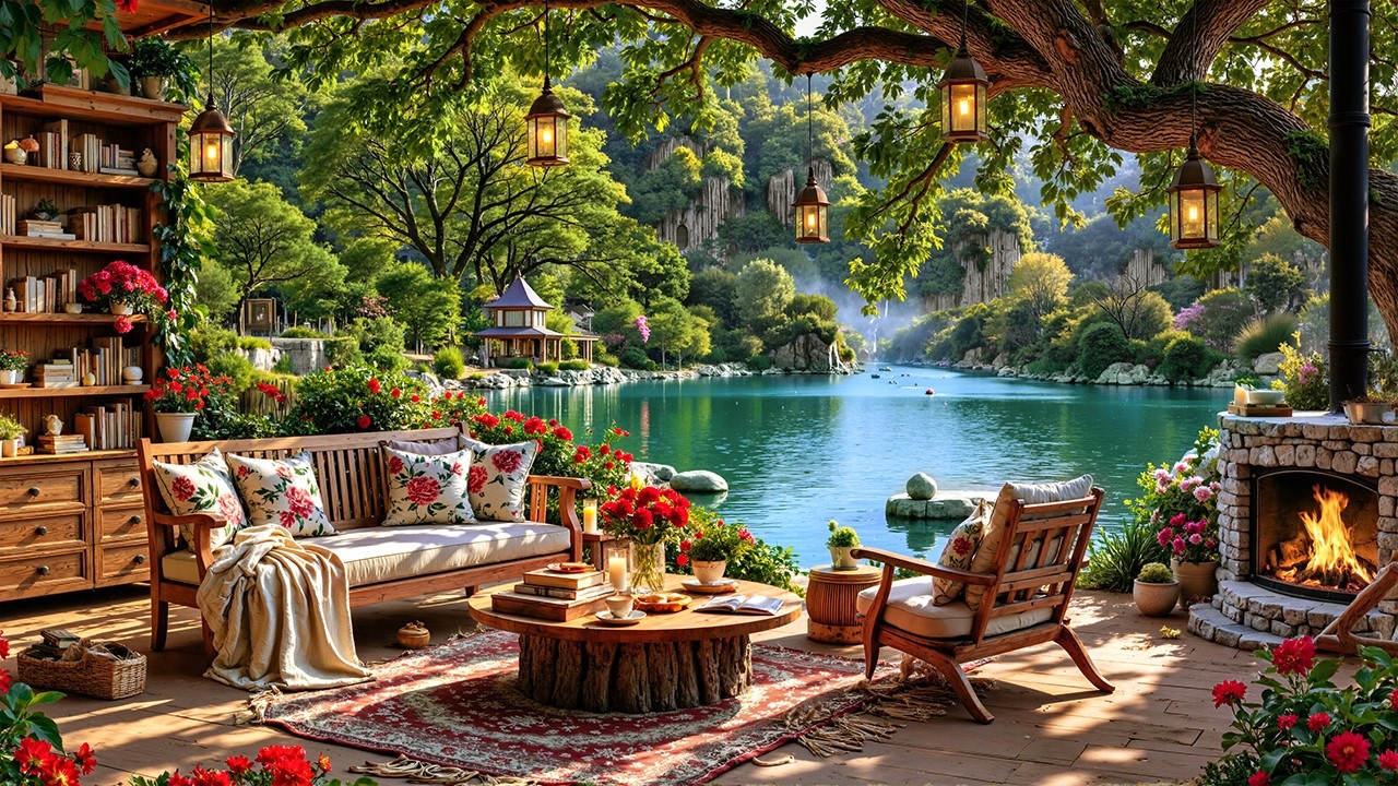 Relaxing Spring Morning Jazz Music & Cozy Porch Ambience | Crackles Fire Pit to Study, Work