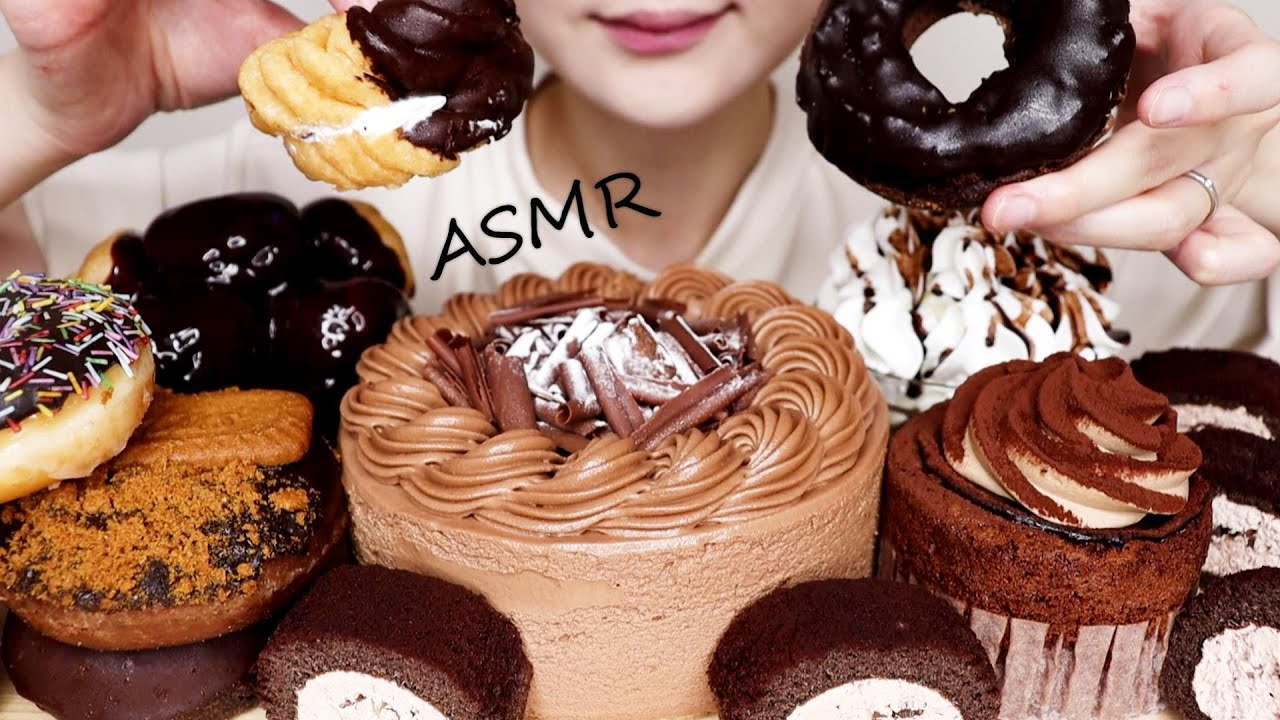 ASMR CHOCOLATE CAKE DONUTS PROFITEROLES كعكة الشوكولاتة 초콜릿 케이크 Bánh sô-cô-la MUKBANG EATING SOUNDS