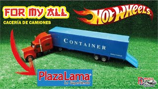 Casería de camiones con contenedor a escala 1/64 en plaza lama para nuestros hot wheels