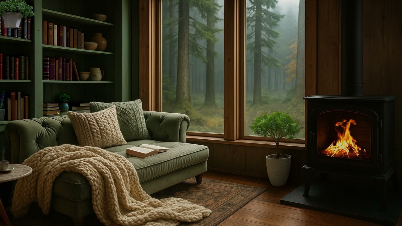 Relaxing Library Cabin Fireplace Ambience in the Misty Woods | Fireplace Crackling Sounds, No Music