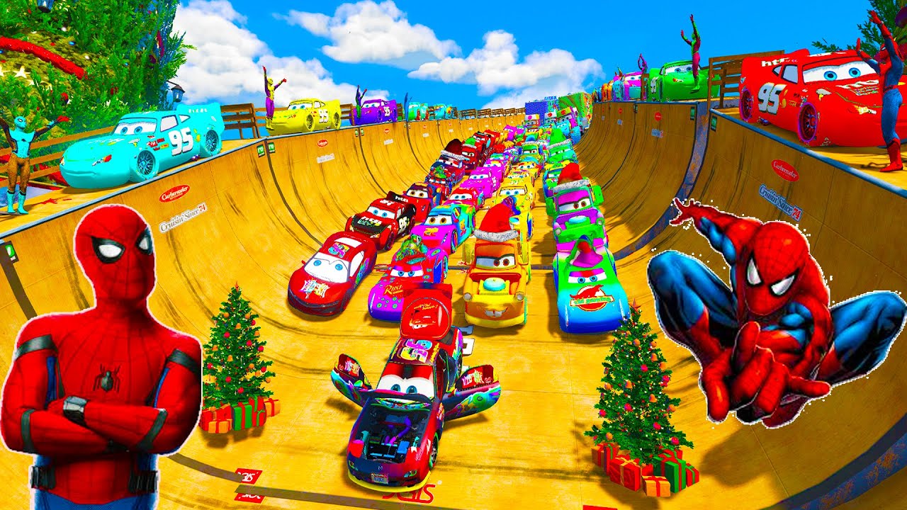 SpiderMan and  Disney Pixar Cars3  Сhallenge Mega Ramp Superheroes  Storm Chick Hicks Cars GTAV #14