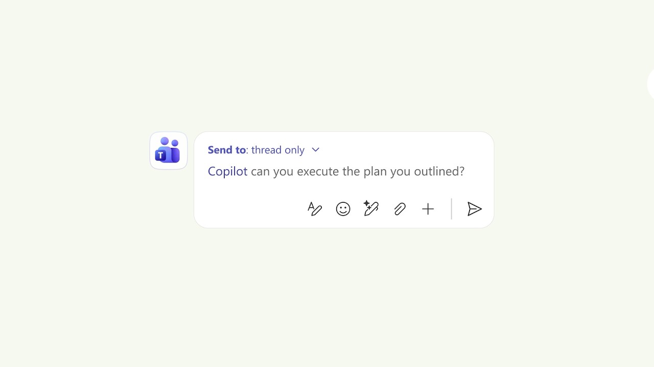 Official Microsoft Copilot video thumbnail showing a Teams message box addressed to Copilot reading can you execute the plan you outlined