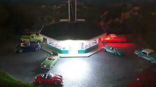 American Diner railway diorama with an LED chaser creating random lighting effects around the diner.