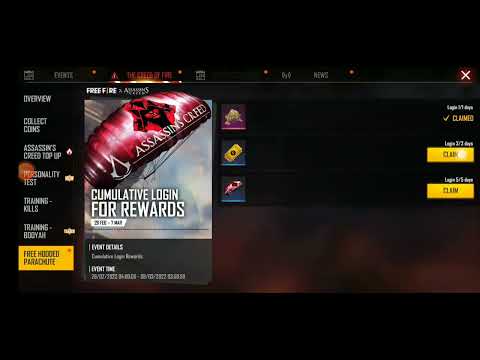 Login 5 days in free fire max to get ASSASSINS CREED parachute