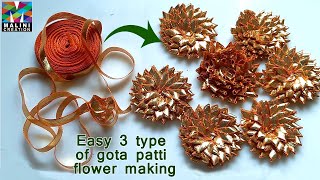 Easy trick for 3 types of gota patti flowers making for navratri jewelry |Gota flower |ribbon flower