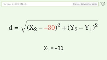 Find the distance between two points p1 (-30,55) and p2 (52,18): Step-by-Step Video Solution