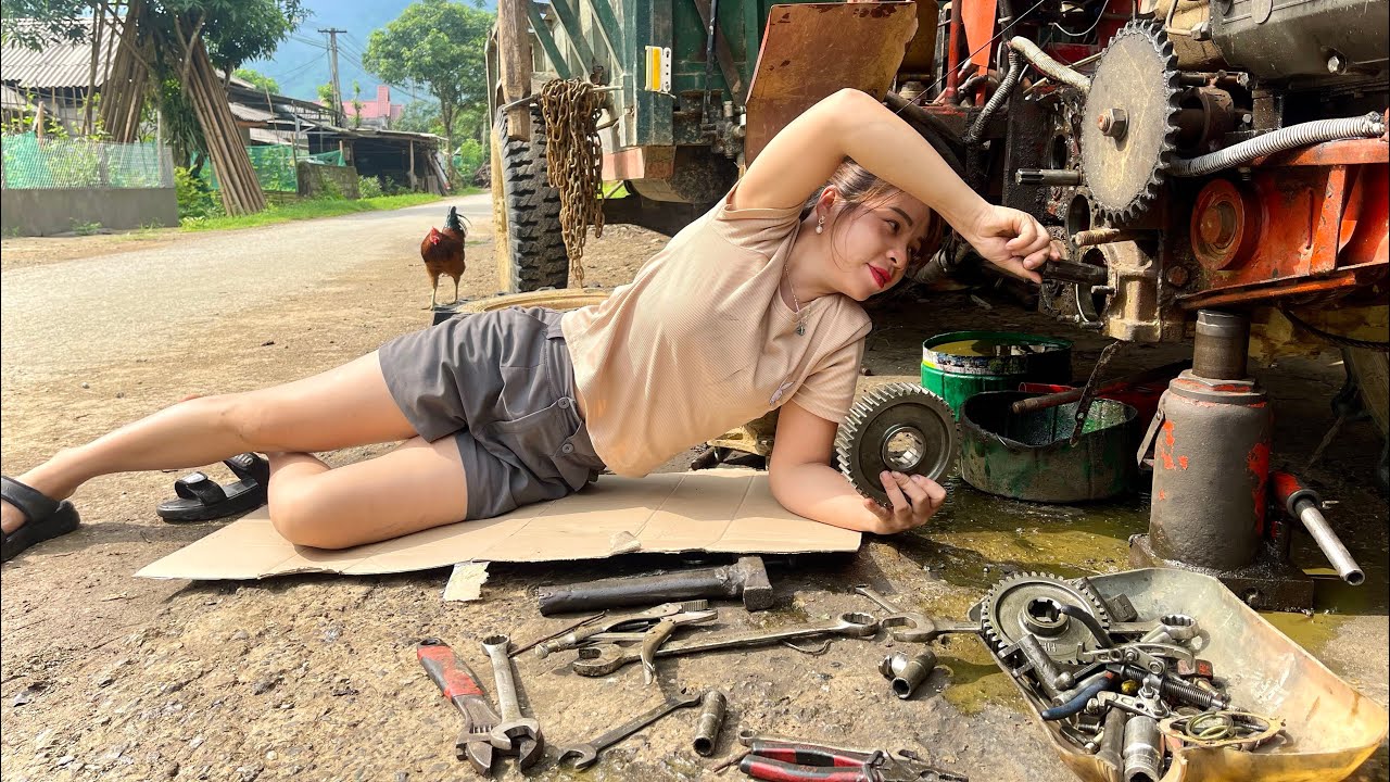 Talented girl disassembles parts to replace bearings