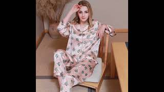 Women pajamas bedroom sleepwear set 100% real mulberry silk satin print colors, S-260