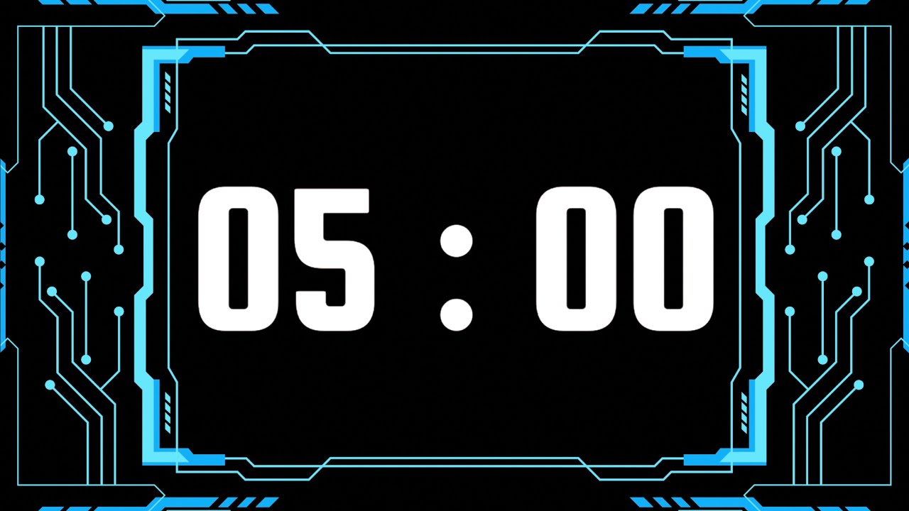 5 Minute Timer | With Techno Music & Alarm Bell | Blue Neon Cyber Computer Theme 🌀🖤