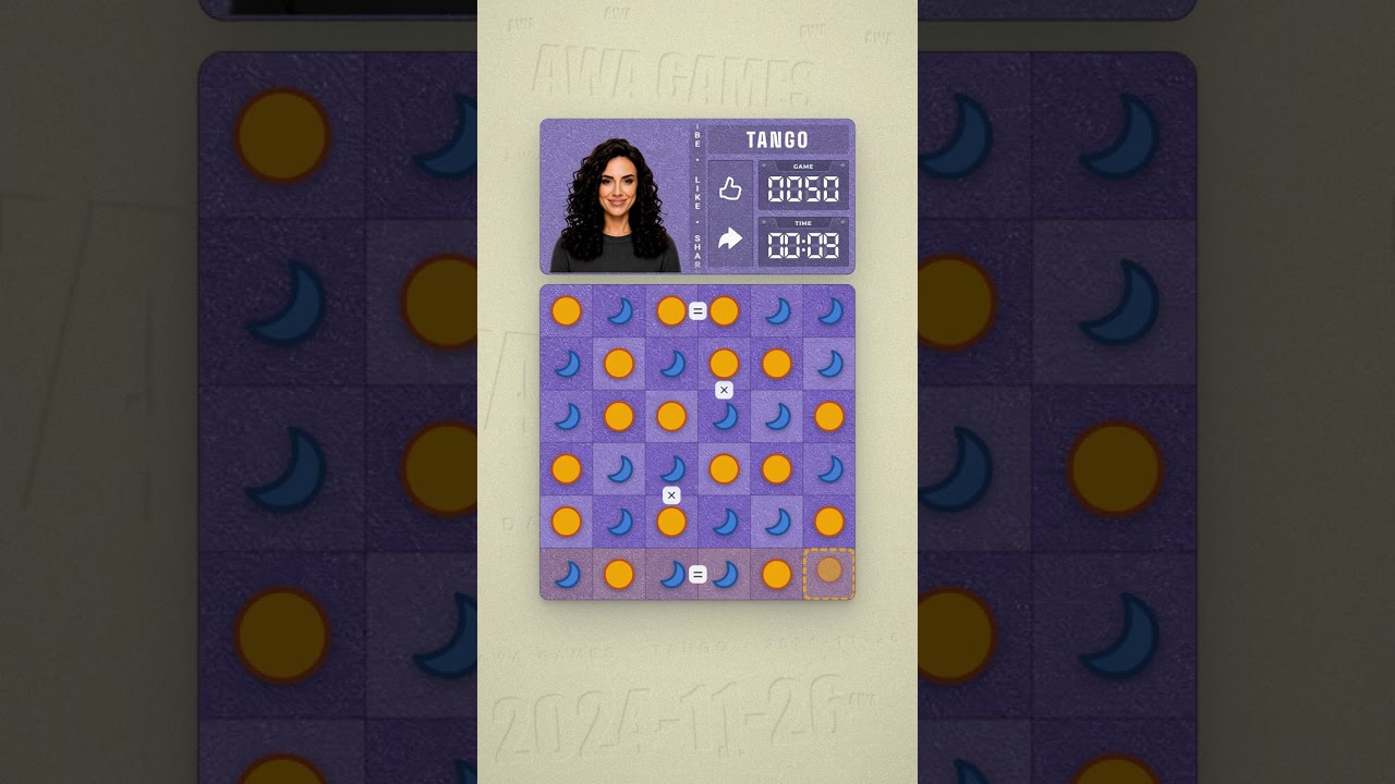 LinkedIn Tango #50 solved board for November 26, 2024, 6x6 grid
