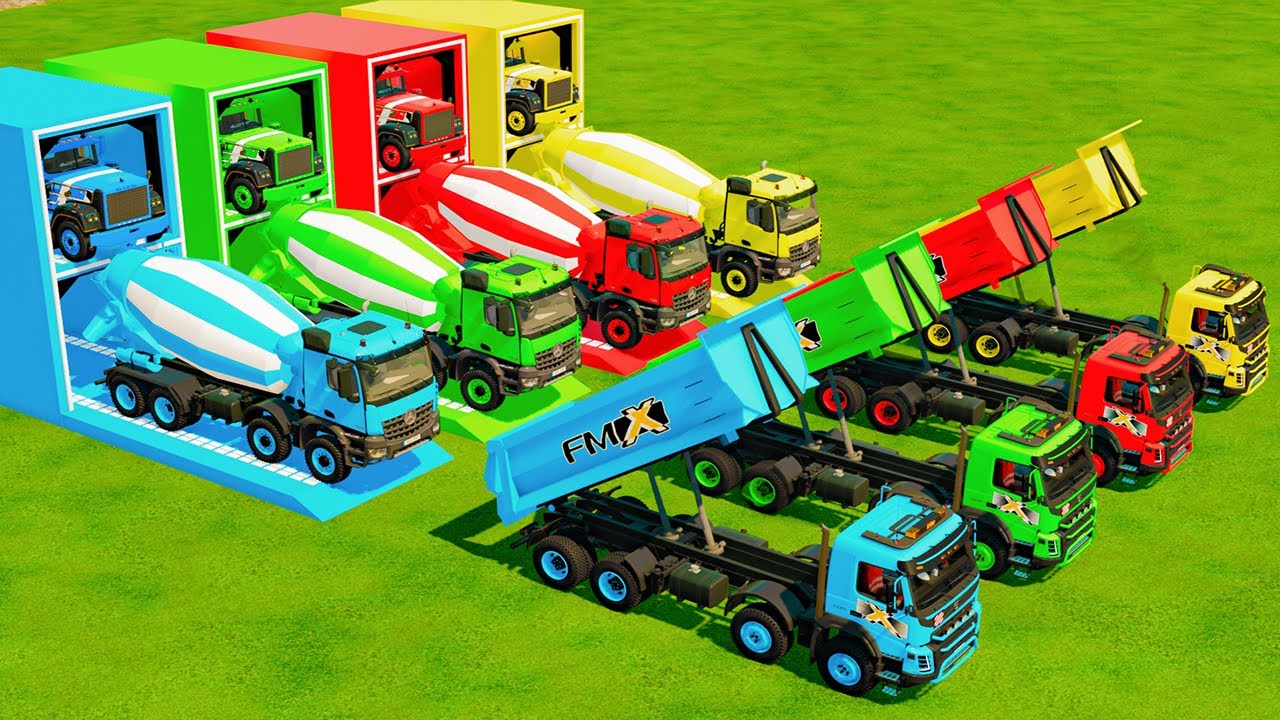 Garage with Colors - ALL MIXER TRUCK WITH DOUBLE FLATBED TRAILER TRUCK, KENWORTH, RENAULT, MAN