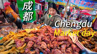 China Street food Chengdu market,Tasting sweet crispy roast duck, hand noodles, spicy Sichuan treats