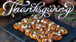 Thanksgiving Side Dishes - Roasted Sweet Potatoes with Goat Cheese and Candied Bacon