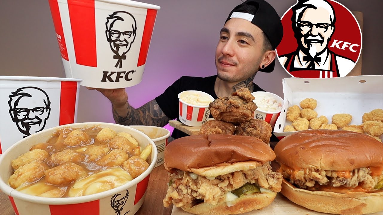 MUKBANG EATING KFC Spicy Famous Fried Chicken Sandwich, Popcorn Chicken